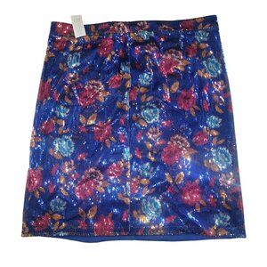 Sequin Floral Pencil Skirt Blue With Multi-Colored Rose Design Size 26W By Gilli